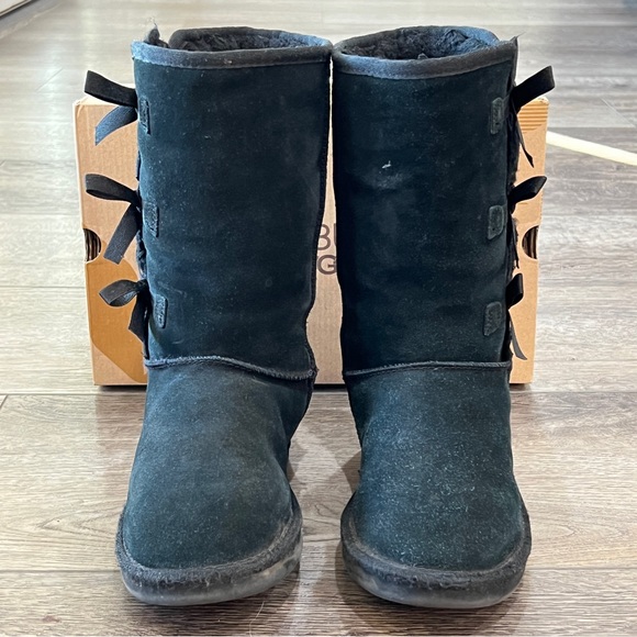Koolaburra UGG Victoria Tall Boots Black 3 Bow Suede Kids Size 3 - Picture 2 of 10